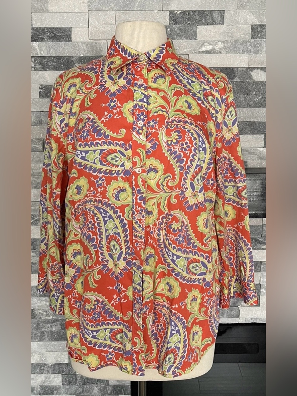 RALPH LAUREN Orange/Multi Paisley
Print Cotton Poplin Shirt Size 3X